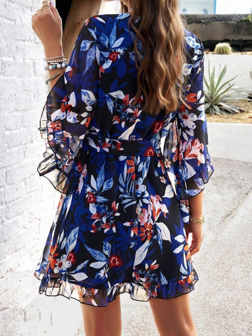 Black Boho Women's Printed Mini Dress with Flare Sleeves and Belt - Picture 2 of 6